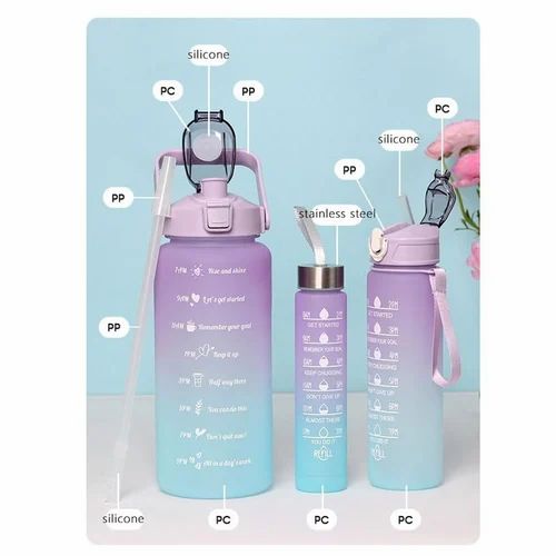 3 Pcs Sports Water Bottle Set – Motivational Time Marker & Leak Proof Lid