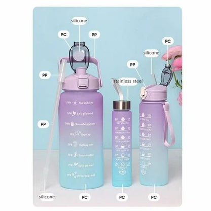 3 Pcs Sports Water Bottle Set – Motivational Time Marker & Leak Proof Lid